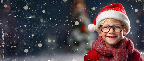 Christmas Themed boy wearing glasses with room for copy space created with Generative AI technology