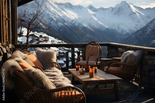 Amidst a mountain retreat, a cozy balcony overlooks a picturesque winter landscape. The luxury chalet offers an alpine view at sunset, with plush seating inviting relaxation in this snowy ski resort © jechm