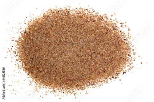 Ground, milled flaxseed, linseed flakes isolated on white, top view  