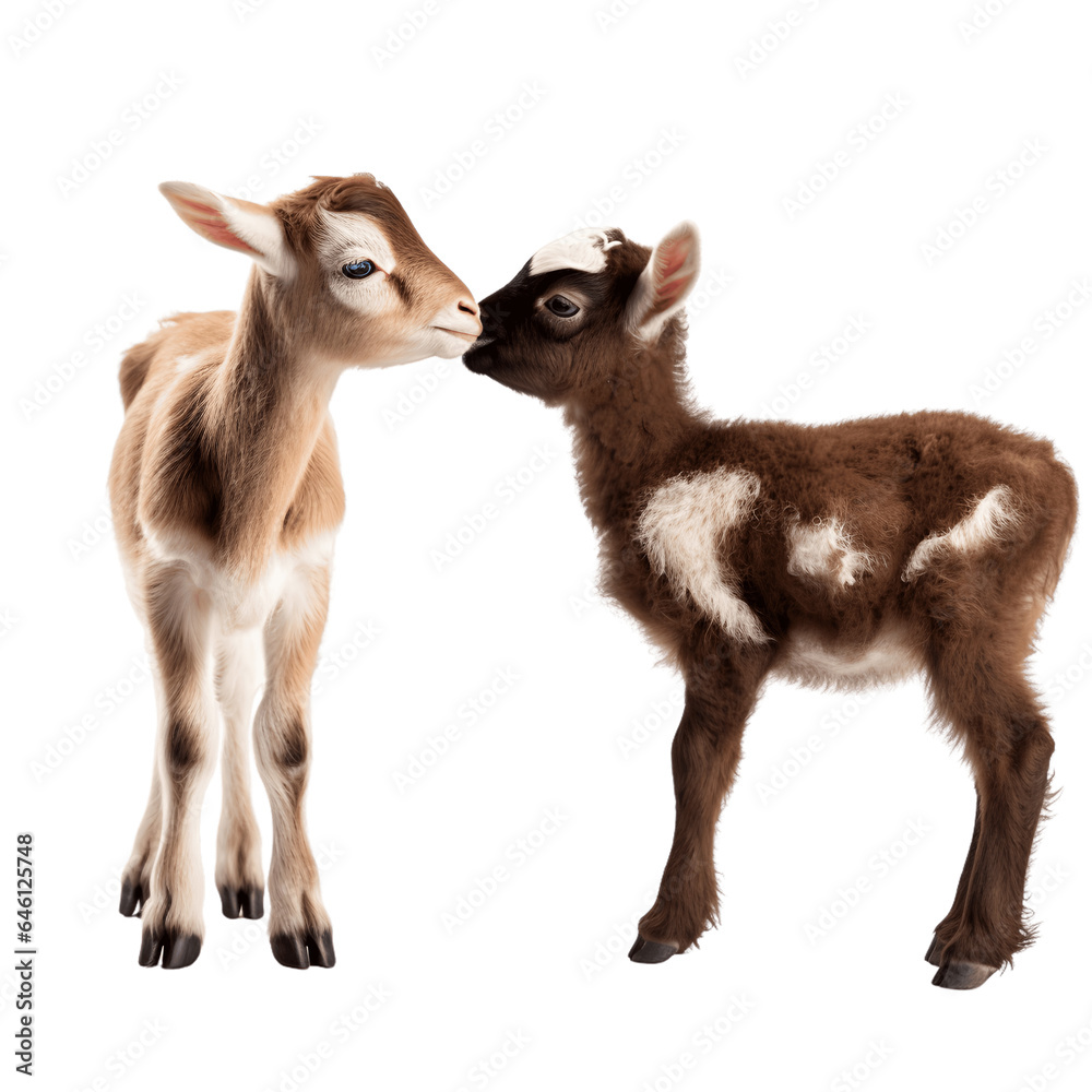 Baby goat and a lamb playing together, isolated on white background