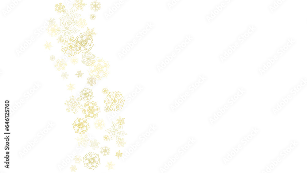 Glitter snowflakes frame on white horizontal background. Shiny Christmas and New Year frame for gift certificate, ads, banners, flyers. Falling snow with golden glitter snowflakes for party invite