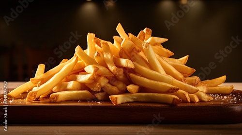 French fries potato on wooden plate. AI generated image