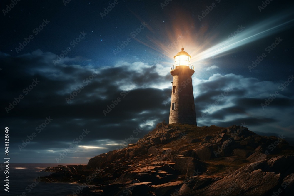 beam of light illuminating lighthouse at night. Generative AI - obrazy, fototapety, plakaty 