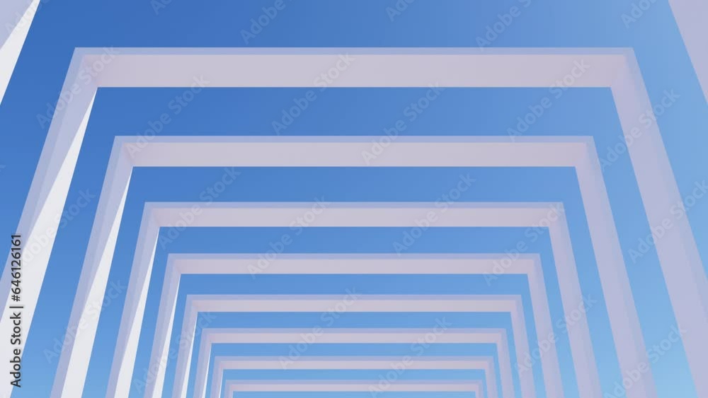 3D render of slow fly camera through white square arch passage in day light with sun shadow and blue sky, 4K seamless loop abstract architectural template