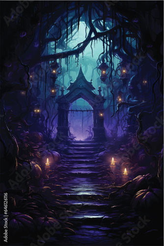 Scene of halloween background, creepy, dark, purple, green lighting, halloween, witch, woman, pumpkin, cat, holiday, magic, wizard, vampire, costume, horror, black, bat, fashion, autumn, skull, scary,