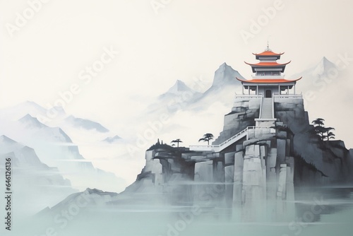 Minimalist painting of a mountain temple inspired by South Korea. Generative AI