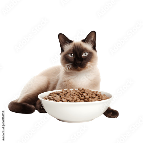 Siamese cat with a food bowl in front, isolated on white background