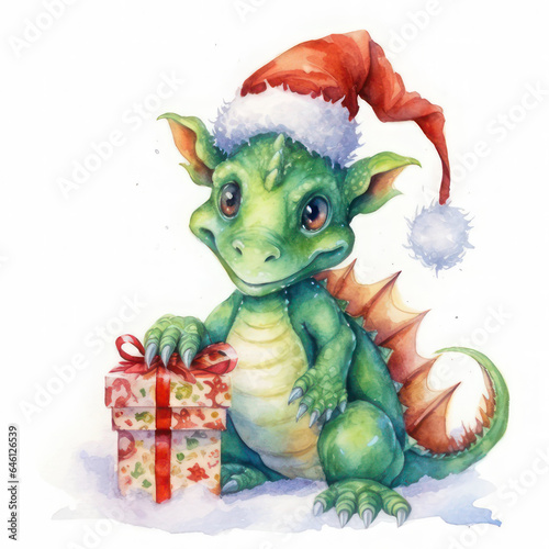 Green dragon in a New Year's hat with a gift, watercolor. Christmas card. AI generative. © Iaroslav
