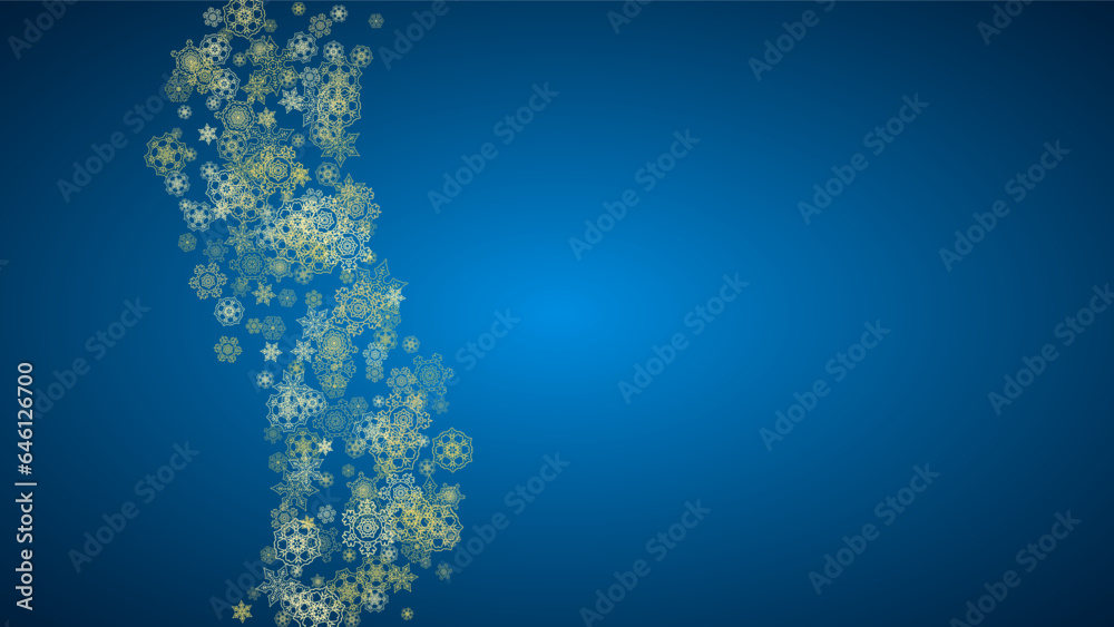 New Year snow on blue background. Gold glitter snowflakes. Christmas and New Year snow falling backdrop. For season sales, special offers, banner, cards, party invite, flyer. Horizontal frosty winter. New Year snow on blue background. Gold glitter snowflakes. Christmas and New Year snow falling backdrop. For season sales, special offers, banner, cards, party invite, flyer. Horizontal frosty winter.