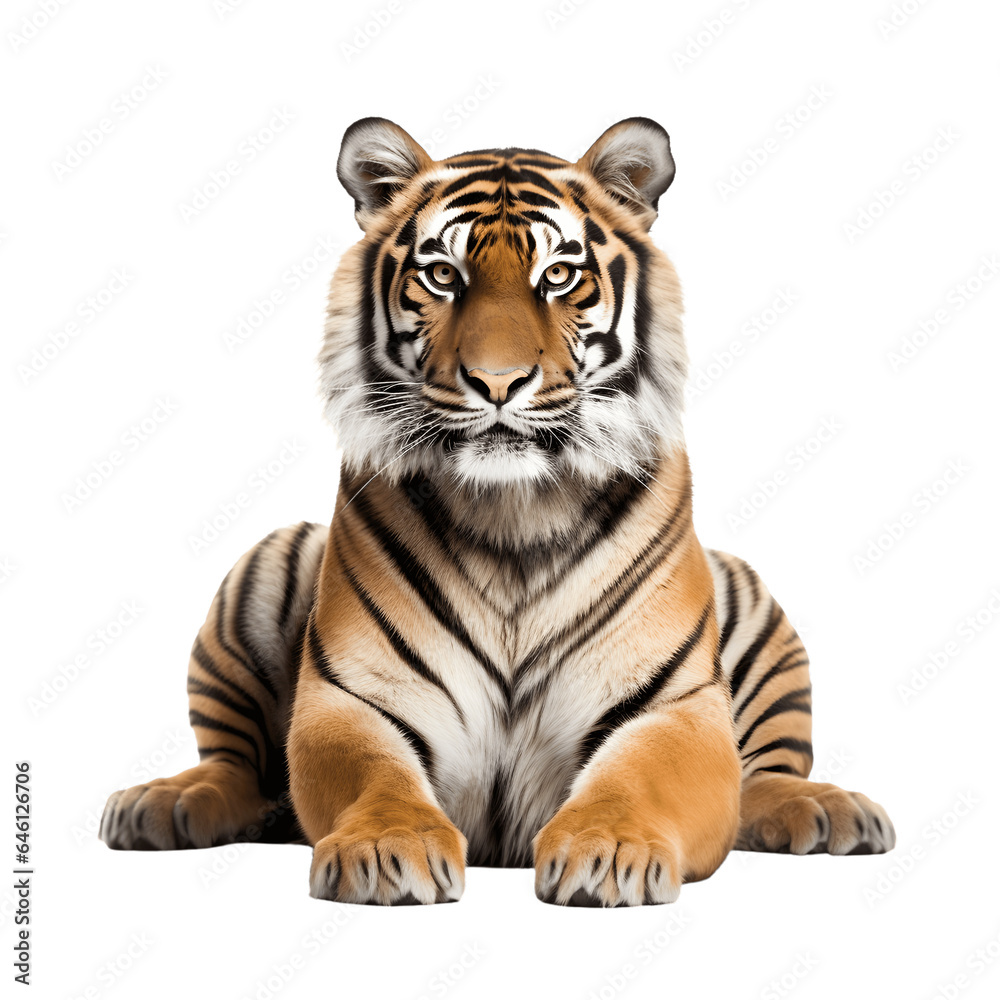 Tiger lying down, looking straightforward, isolated on white background