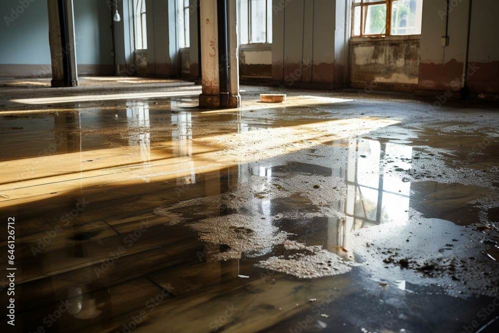 Floor damaged by water and removal equipment. Generative AI