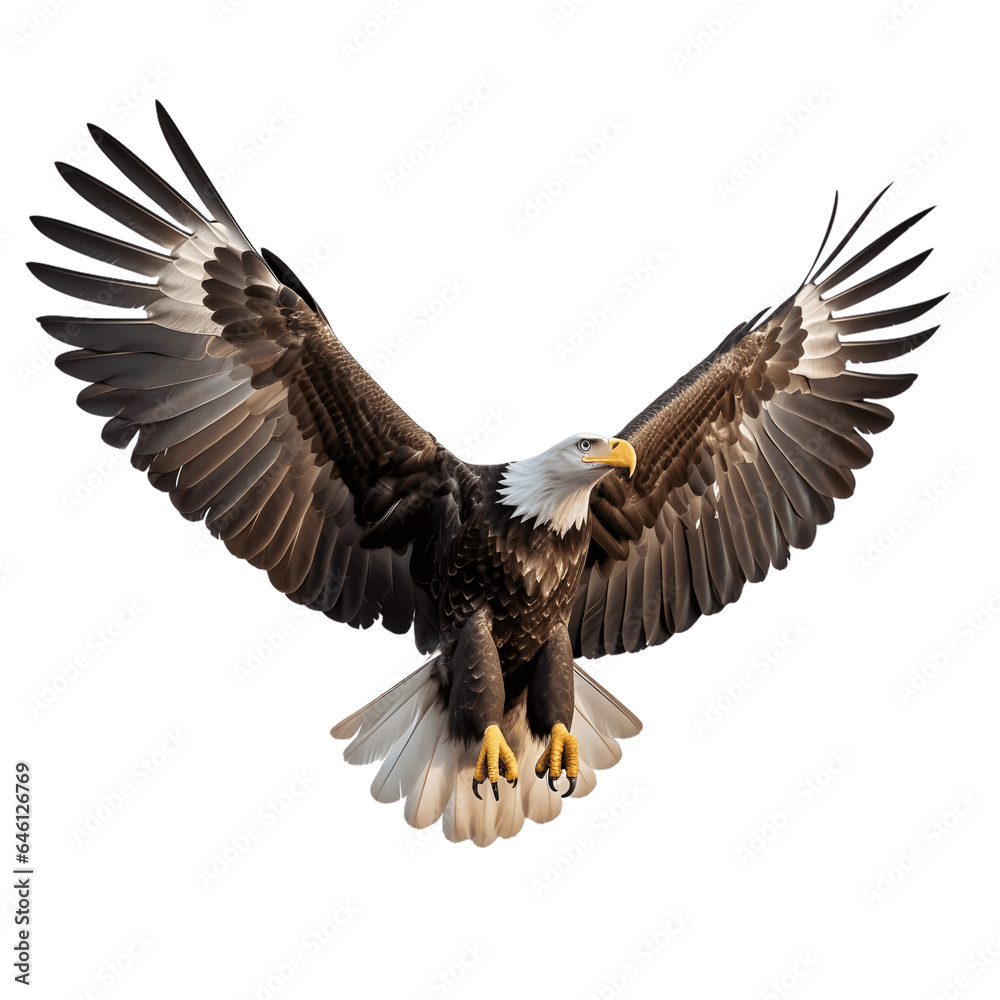 Fototapeta premium American bald eagle in flight, wings spread, isolated on white background