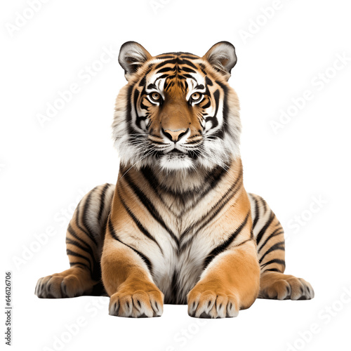 Tiger lying down, looking straightforward, isolated on white background © Sanja
