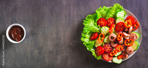Salad of fried sausages, tomatoes, cucumber and lettuce on a plate top view web banner