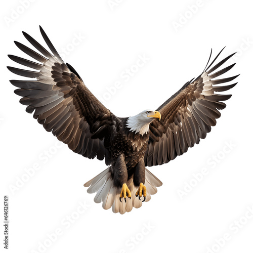 American bald eagle in flight, wings spread, isolated on white background
