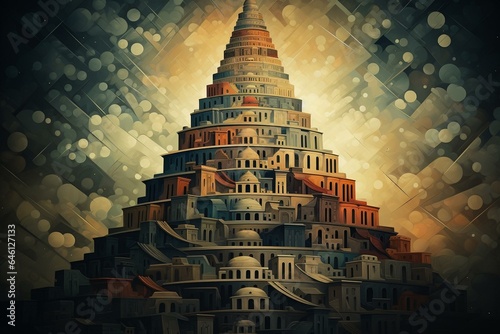 Abstract illustration of a tower inspired by the biblical story of Babel. Represents ziggurat construction. Generative AI photo