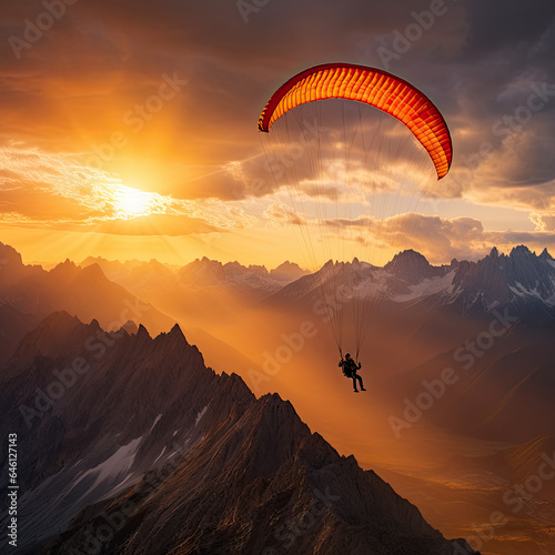 paraglider over the mountains sunset