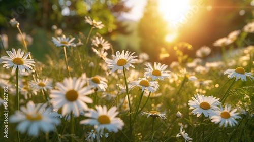 Chamomile flower with sunset nature background AI generated image