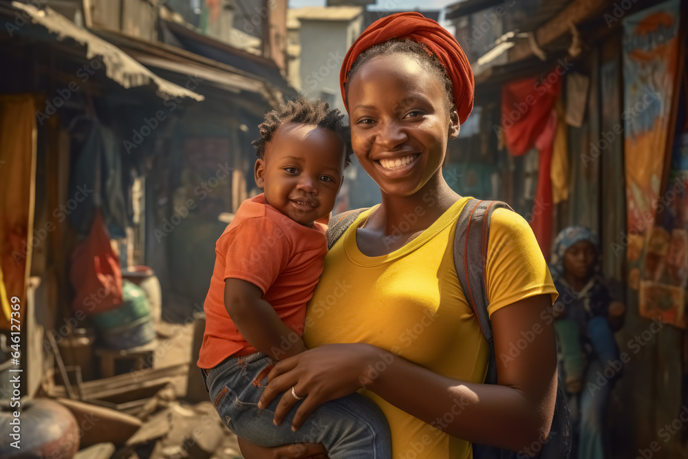 Close up portrait of smiling african woman mother holding and hugging her small baby against the background of slums