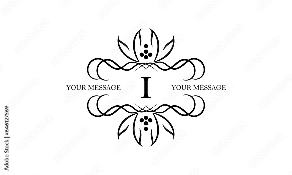Obraz premium Logo with simple initial letter I isolated on white background and ornament around the letter. There is space for text. Can be used for business and corporate signs, emblems.