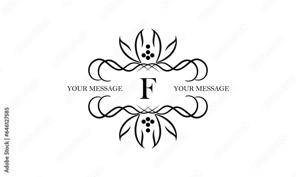 Logo with simple initial letter F isolated on white background and ornament around the letter. There is space for text. Can be used for business and corporate signs, emblems.
