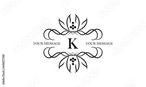 Logo with simple initial letter K isolated on white background and ornament around the letter. There is space for text. Can be used for business and corporate signs, emblems.