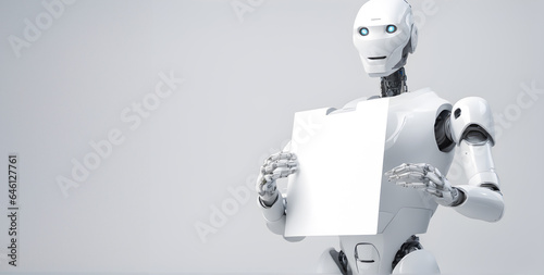 AI robot People wearing white t-shirt Holding Blank white Sign. blank billboard to write it on your text. Asian girl and Man blank Holding white sign. copy space, Generative AI,