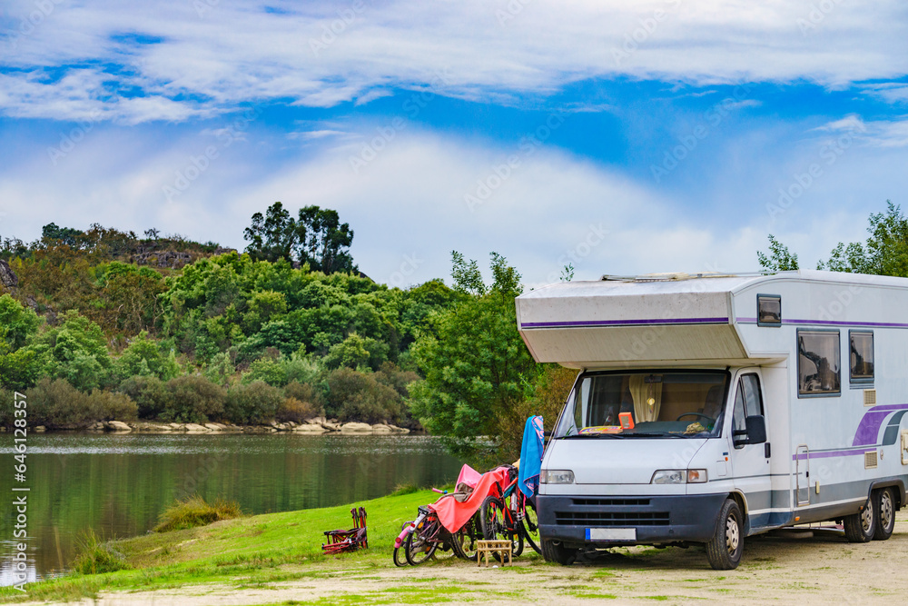 Bicycles at caravan. Camping on nature Bicycles at caravan. Camping on nature
