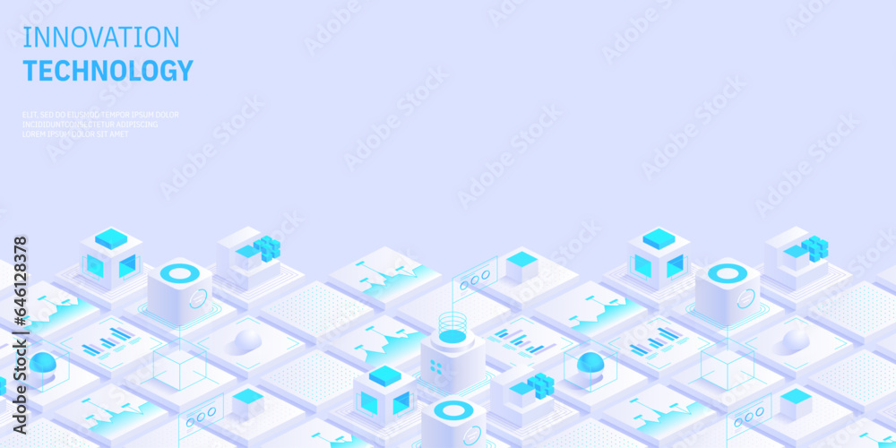 Engineering innovations design. Abstract technology background. Blockchain concept banner. Isometric digital blocks connection with each other crypto chain. Blocks and cubes Vector illustration Engineering innovations design. Abstract technology background. Blockchain concept banner. Isometric digital blocks connection with each other crypto chain. Blocks and cubes Vector illustration