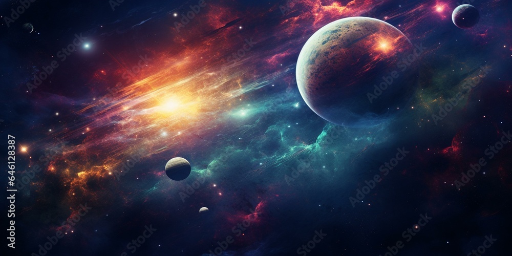 cinematic galaxy with vibrant planets and stars - obrazy, fototapety, plakaty 