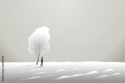A lonely man in the futuristic landscape. Loneliness. Negative unhappy feeling. Depression thinking. Heartbroken. Nostalgic man thinking about the past. Back view. Conceptual emotional illustration