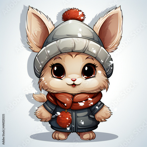 Cute bunny wearing a christmas hat with snow in the background 