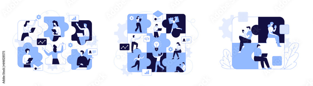 Vector illustration of internet communication Team metaphor People connecting puzzle elements social networks Chat, video, vector, messages, website, search for friends, mobile web graphics Vector illustration of internet communication Team metaphor People connecting puzzle elements social networks Chat, video, vector, messages, website, search for friends, mobile web graphics