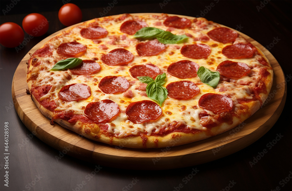 Pepperoni Pizza made of tomato sauce, mozzarella cheese, and slices of pepperoni