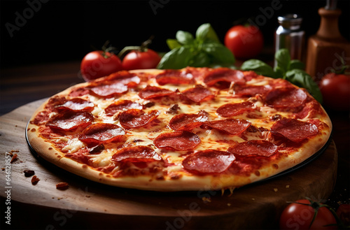 Pepperoni Pizza made of tomato sauce, mozzarella cheese, and slices of pepperoni
