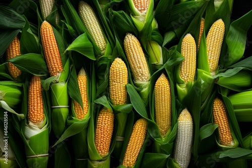 Close-up of vibrant corn cobs in a lush green field. Generative AI