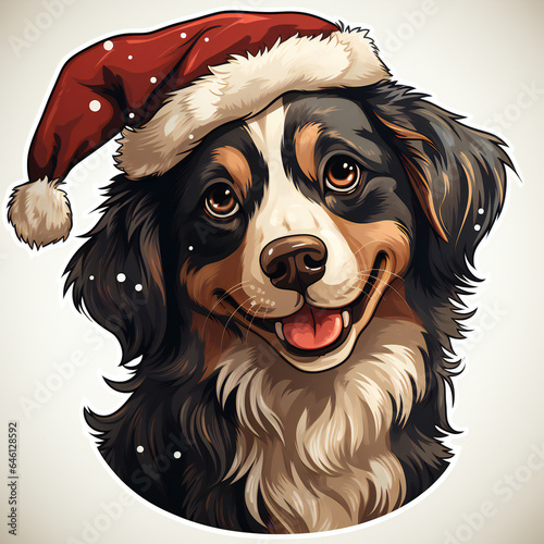 dog wearing a christmas hat with snow