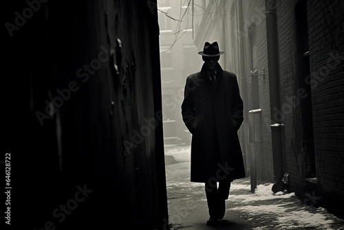 Grainy photograph, mysterious figure standing at the end of an alleyway in a fedora and trench coat, noir atmosphere