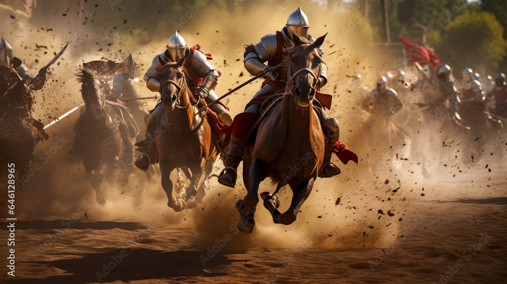 medieval battle, knights in full armor charging on horses, dust kicking ...