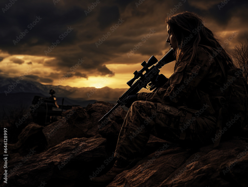 a female sniper in a Ghillie suit, lying on a rocky outcrop, scope glint, dusk light, focused, dramatic clouds