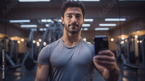 male, mid 20s, stubble, serious expression, holding phone, gym background
