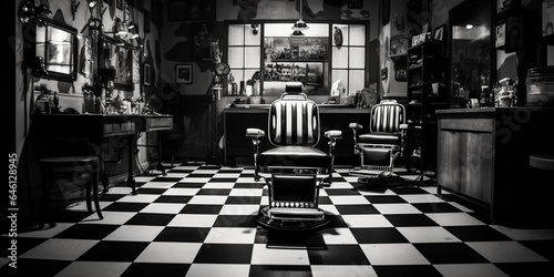 Old photo of a classic barbershop, checkerboard flooring, leather chairs, mirrors reflecting a more straightforward time
