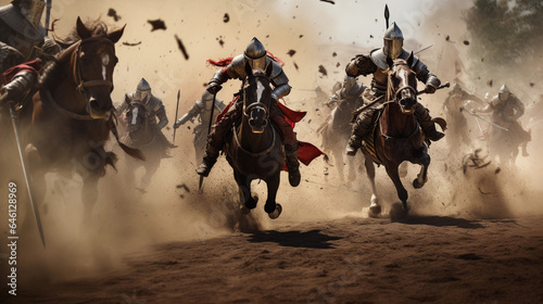 Photographie medieval battle, knights in full armor charging on horses, dust kicking up, batt