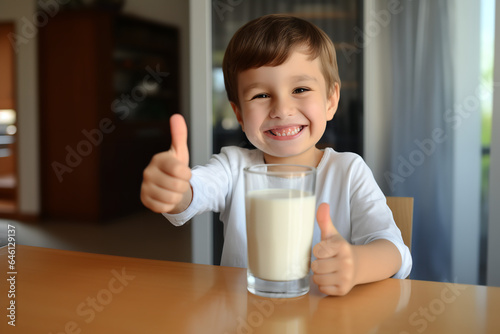 a 5 yearold boy with a glass of milk gives thumbs up to show the milk photo