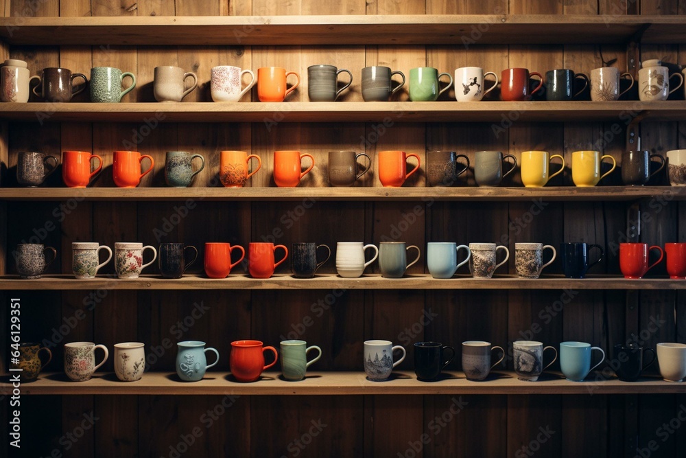 Mugs displayed on wooden shelves. Generative AI