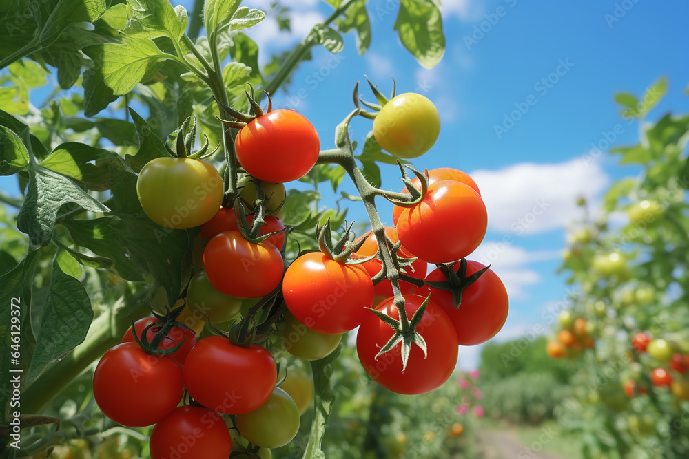 Colorful tomatoes growing in farm 