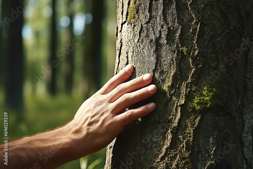 Closeup hand touching a tree trunk in the forest © Nate