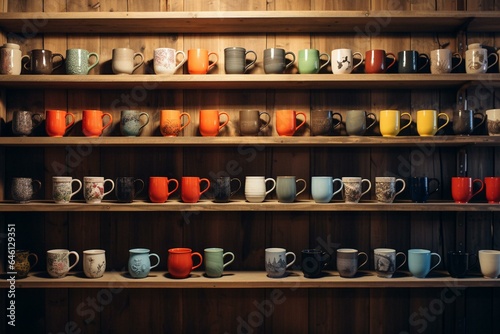 Mugs displayed on wooden shelves. Generative AI