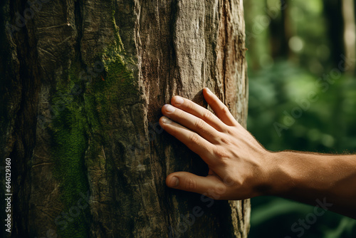 Closeup hand touching a tree trunk in the forest © Nate