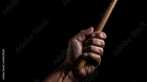 Hand holding drumstick isolated black background. AI generated image